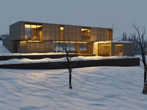 Modern Winter Cabin in snowy Scene 3D Model