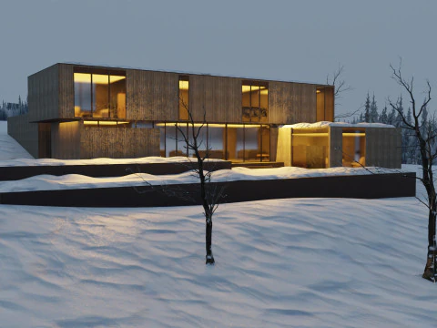 Modern Winter Cabin in snowy Scene 3D Model