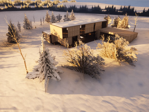 Modern Winter Cabin in snowy Scene 3D Model