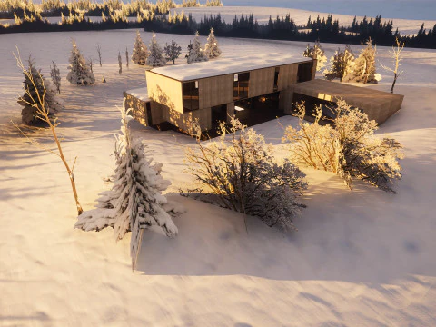 Modern Winter Cabin in snowy Scene 3D Model