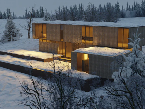 Modern Winter Cabin in snowy Scene 3D Model