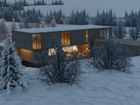 Modern Winter Cabin in snowy Scene 3D Model