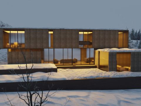 Modern Winter Cabin in snowy Scene 3D Model