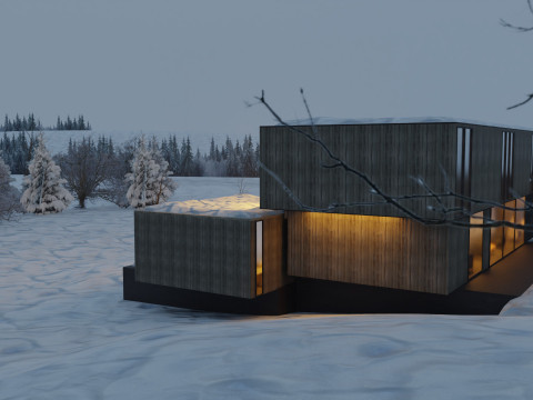 Modern Winter Cabin in snowy Scene 3D Model