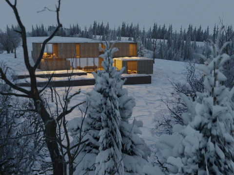 Modern Winter Cabin in snowy Scene 3D Model