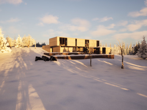 Modern Winter Cabin in snowy Scene 3D Model