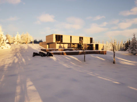 Modern Winter Cabin in snowy Scene 3D Model