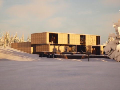Modern Winter Cabin in snowy Scene 3D Model