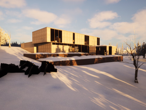 Modern Winter Cabin in snowy Scene 3D Model