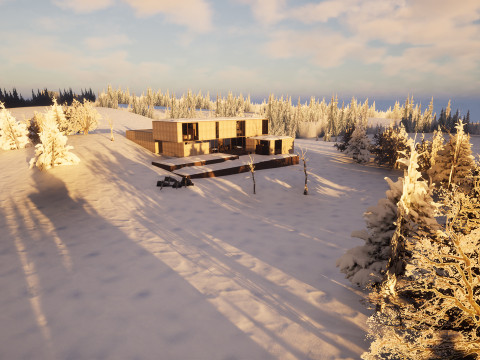Modern Winter Cabin in snowy Scene 3D Model