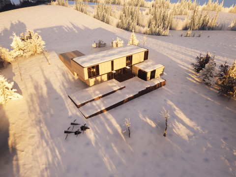 Modern Winter Cabin in snowy Scene 3D Model