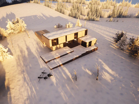 Modern Winter Cabin in snowy Scene 3D Model