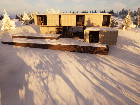 Modern Winter Cabin in snowy Scene 3D Model