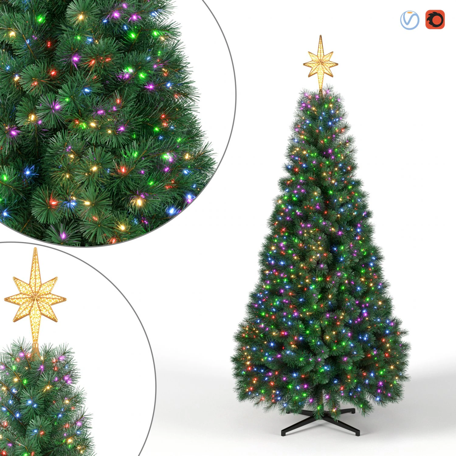 christmas tree 9 feet with multicolor lights 3D Model .c4d .max .obj .3ds .fbx .stl .blend 