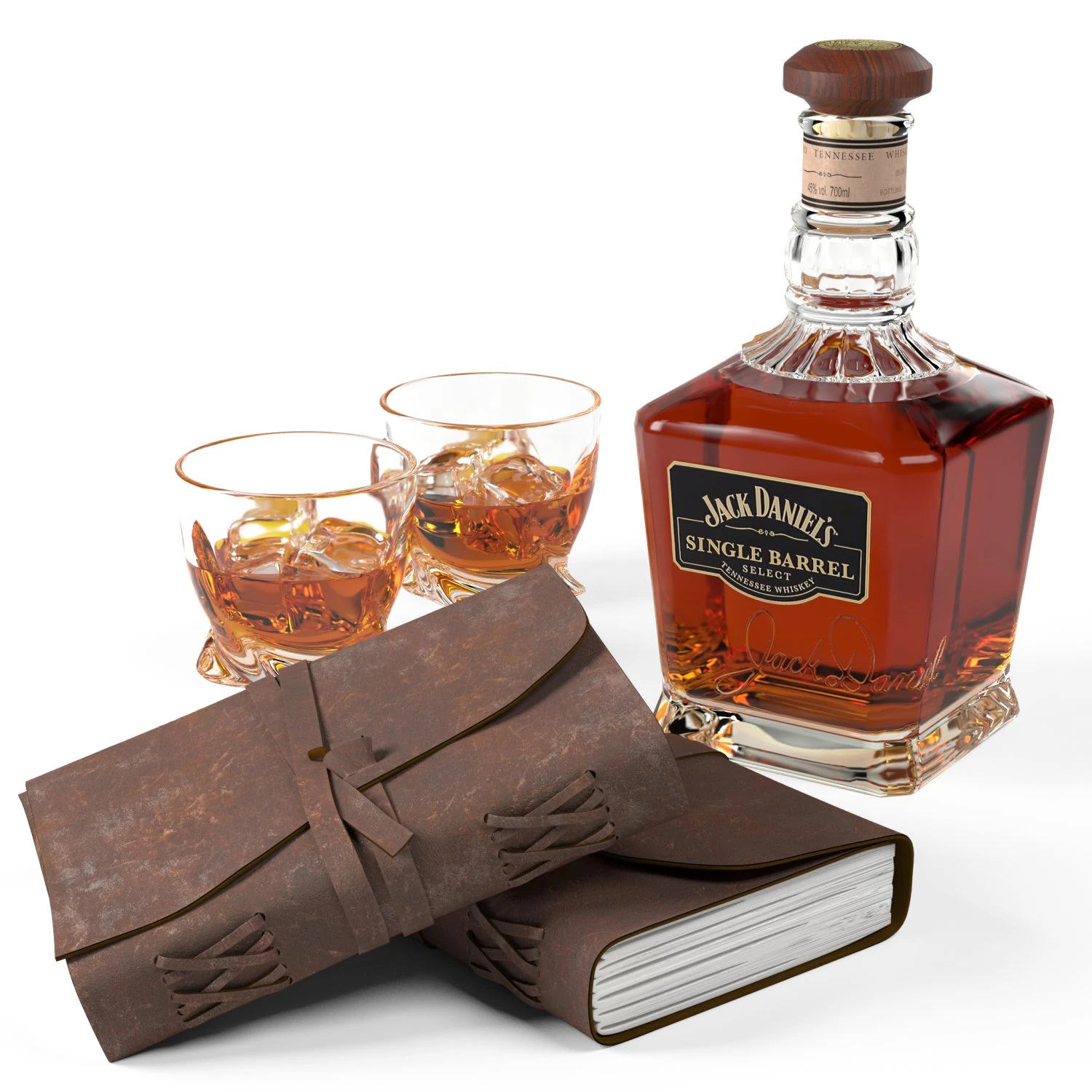 jack daniels single barrel select whiskey and vintage leather notebook 3D Model .c4d .max .obj .3ds .fbx .stl .blend 