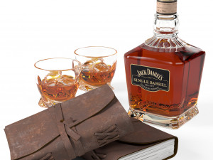jack daniels single barrel select whiskey and vintage leather notebook 3D मॉडल