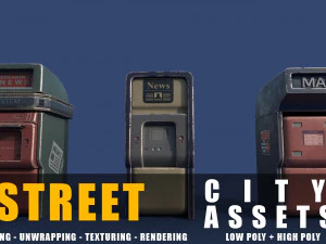 ニューススタンドシリーズの古いゲーム対応ストリートアセットの低ポリと高ポリ 3Dモデル