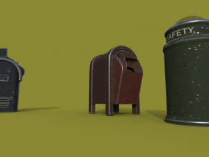 trash can series old game ready street assets low poly and high poly 3D Model