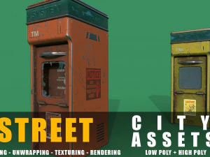 ニューススタンドシリーズの古いゲーム対応ストリートアセットの低ポリと高ポリ 3Dモデル