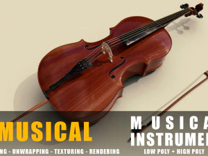 Cello-Musikinstrumente mit allen Details, Low-Poly und High-Poly 3D Modell