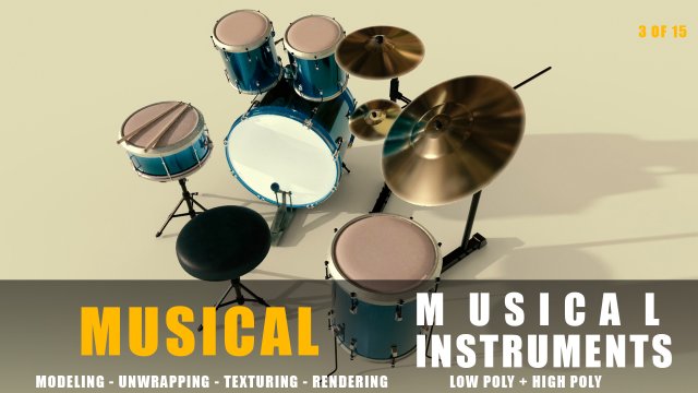 drums musical instruments full detail low poly and high poly Modelo 3D .c4d .max .obj .3ds .fbx .stl .blend 