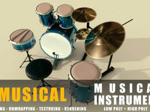 ドラム楽器のフルディテールの低ポリと高ポリ 3Dモデル