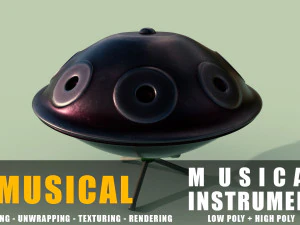 ハングドラム楽器のフルディテールの低ポリと高ポリ 3Dモデル