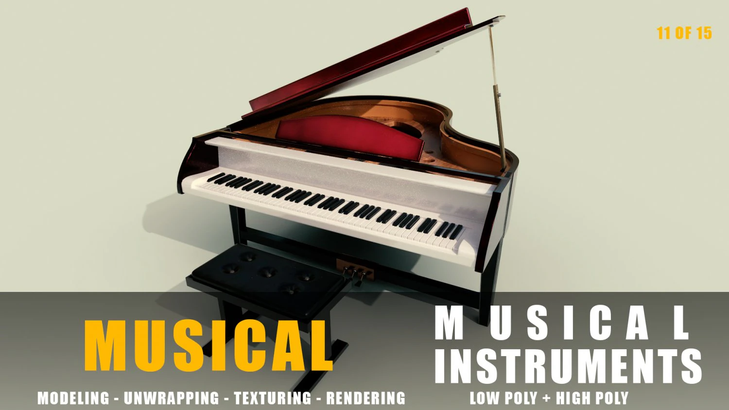 piano musical instruments full detail low poly and high poly 3D Model .c4d .max .obj .3ds .fbx .stl .blend 