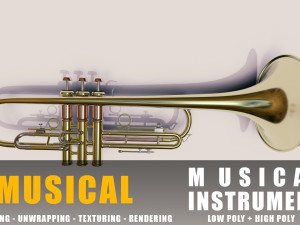 trumopet instruments full detail low poly and high poly 3D Models