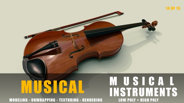 violin instruments full detail low poly and high poly 3D Model .c4d .max .obj .3ds .fbx .stl .blend 