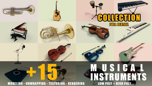 15 musical instruments collection full detail low poly and high poly 3D मॉडल .c4d .max .obj .3ds .fbx .stl .blend 