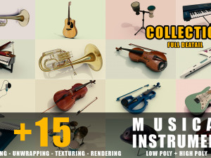 15 musical instruments collection full detail low poly and high poly 3D Models