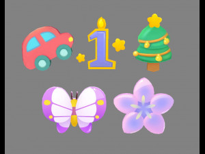 cartoon icon - car-number1-christmas tree-butterfly-flower Model 3D