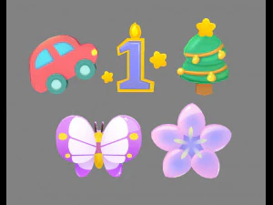 ikon kartun - mobil-nomor 1-pohon natal-bunga kupu-kupu Model 3D