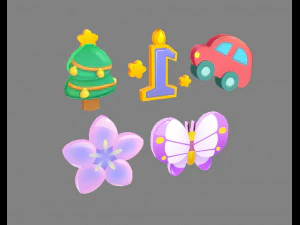 cartoon icon - car-number1-christmas tree-butterfly-flower 3D Model