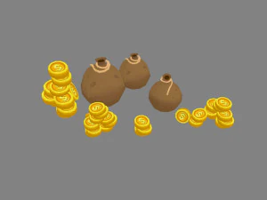cartoon gold coins and money bag 3D Model