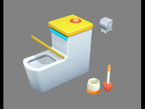 cartoon toilet - toilet brush - toilet paper 3D Model