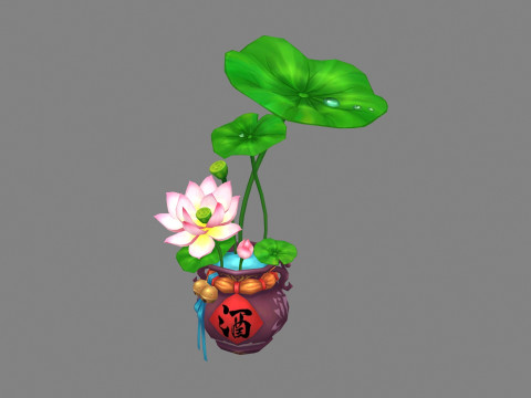Lotus flowers and lotus leaves planted in wine jars 3D Model