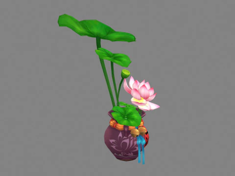 Lotus flowers and lotus leaves planted in wine jars 3D Model