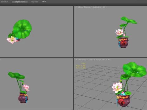 Lotus flowers and lotus leaves planted in wine jars 3D Model