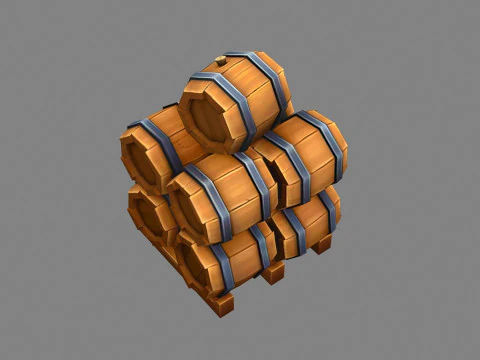 A pile of wine barrels - Cartoon round wooden barrel 3D Model