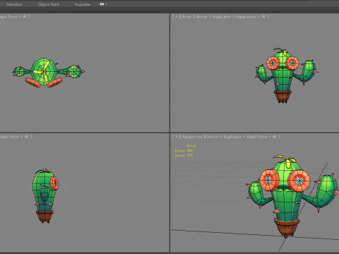 Cartoon Button Cactus Monster - Potted plant 3D Model