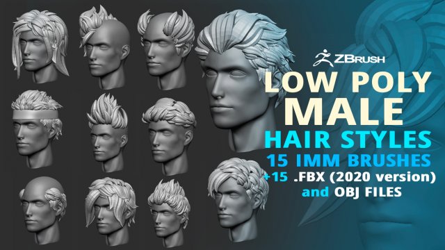 15 Male anime character hair styles and hairdoo low poly IMM brush set for Zbrush fbx and obj files Model 3D .c4d .max .obj .3ds .fbx .stl .blend 