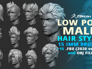 15 Male anime character hair styles and hairdoo low poly IMM brush set for Zbrush fbx and obj files 3D Model