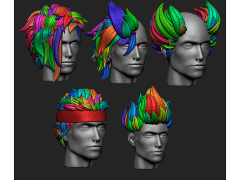 15 Male anime character hair styles and hairdoo low poly IMM brush set for Zbrush fbx and obj files 3Dモデル