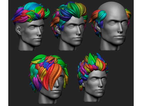 15 Male anime character hair styles and hairdoo low poly IMM brush set for Zbrush fbx and obj files 3Dモデル