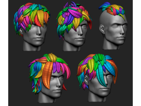 15 Male anime character hair styles and hairdoo low poly IMM brush set for Zbrush fbx and obj files 3Dモデル