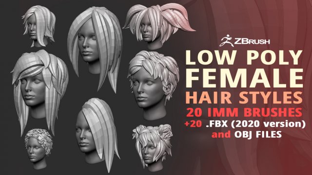 20 Female anime cartoon character hair styles and hairdoo low poly IMM  brush set for Zbrush fbx obj 3D Model in Anatomy 3DExport