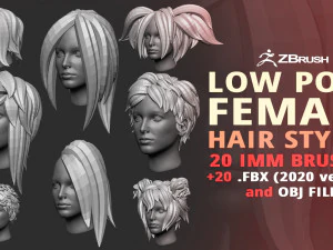 20 Gaya rambut karakter kartun anime wanita dan set kuas IMM poli rendah hairdoo untuk Zbrush fbx obj Model 3D