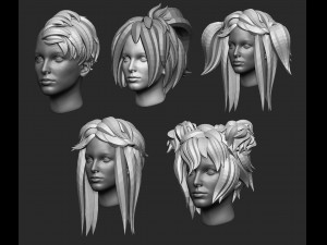 20 Female anime cartoon character hair styles and hairdoo low poly IMM brush set for Zbrush fbx obj 3D Model